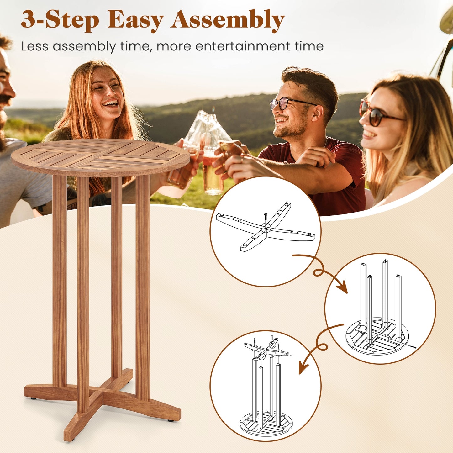 39 Inch Acacia Wood Bar Table, Slatted Table Top, Natural Patio Bar Furniture at Gallery Canada