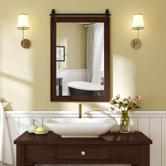 Rustic Wood Frame Barn Door Style Farmhouse Wall Mirror, Walnut Wall Mirrors Walnut at Gallery Canada