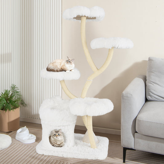 Freestanding Cat Tower, Four Flower Platforms, Sisal Scratching Posts, White