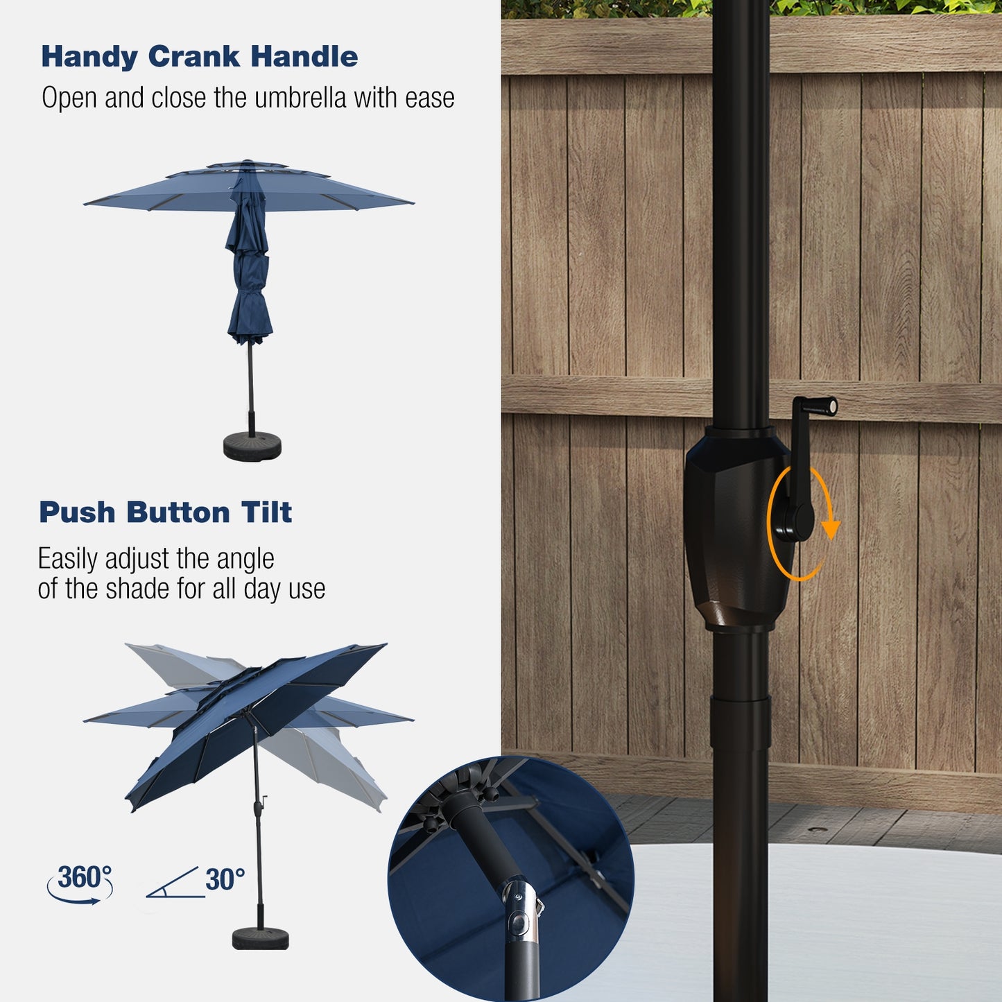 10 ft 3-Tier Vented Patio Umbrella, Push Button Tilt, Navy Outdoor Umbrellas at Gallery Canada