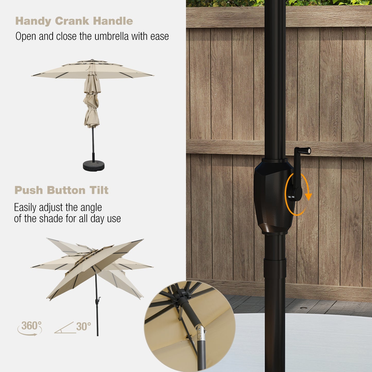 10 ft 3-Tier Vented Patio Umbrella, Push Button Tilt, Beige Outdoor Umbrellas at Gallery Canada