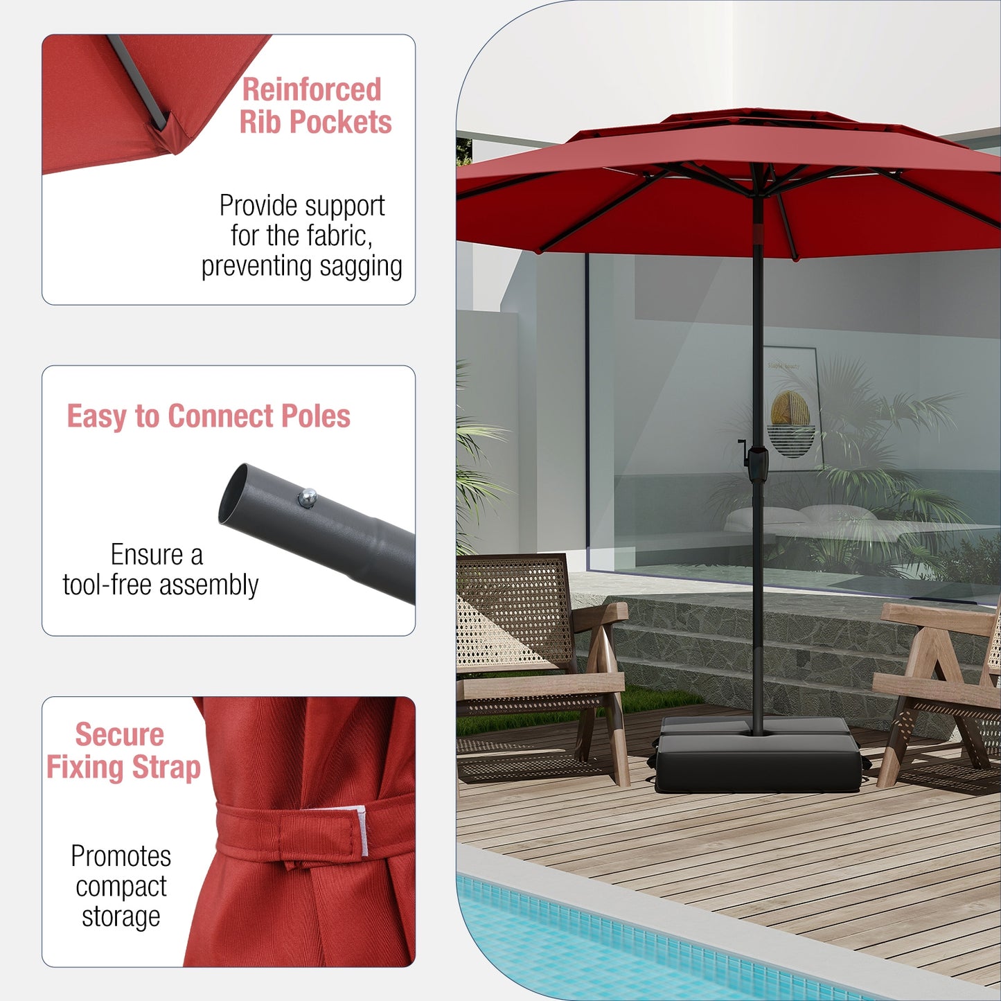 10 ft 3-tier Vented Patio Umbrella with Push Button Tilt, Red Outdoor Umbrellas at Gallery Canada