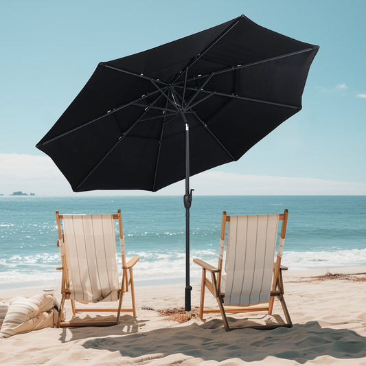 10 ft 3-Tier Vented Patio Umbrella, Push Button Tilt, Black Outdoor Umbrellas Black at Gallery Canada