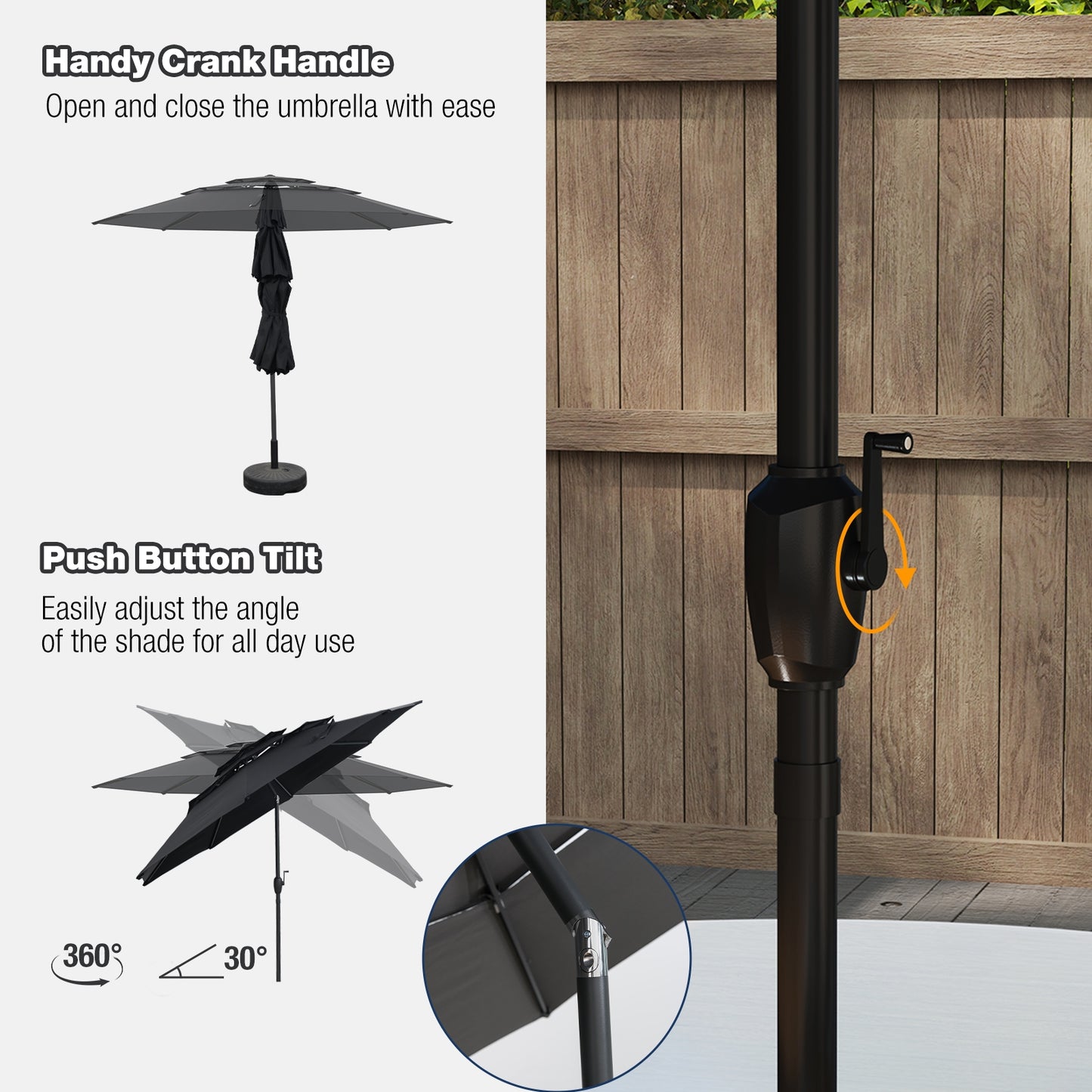 10 ft 3-Tier Vented Patio Umbrella, Push Button Tilt, Black Outdoor Umbrellas at Gallery Canada