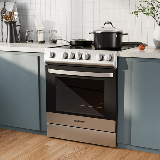 30 Inch Freestanding Slide-In Stove, 4 Burner Ceramic Cooktop, Silver Food Warmers & Burners Silver at Gallery Canada