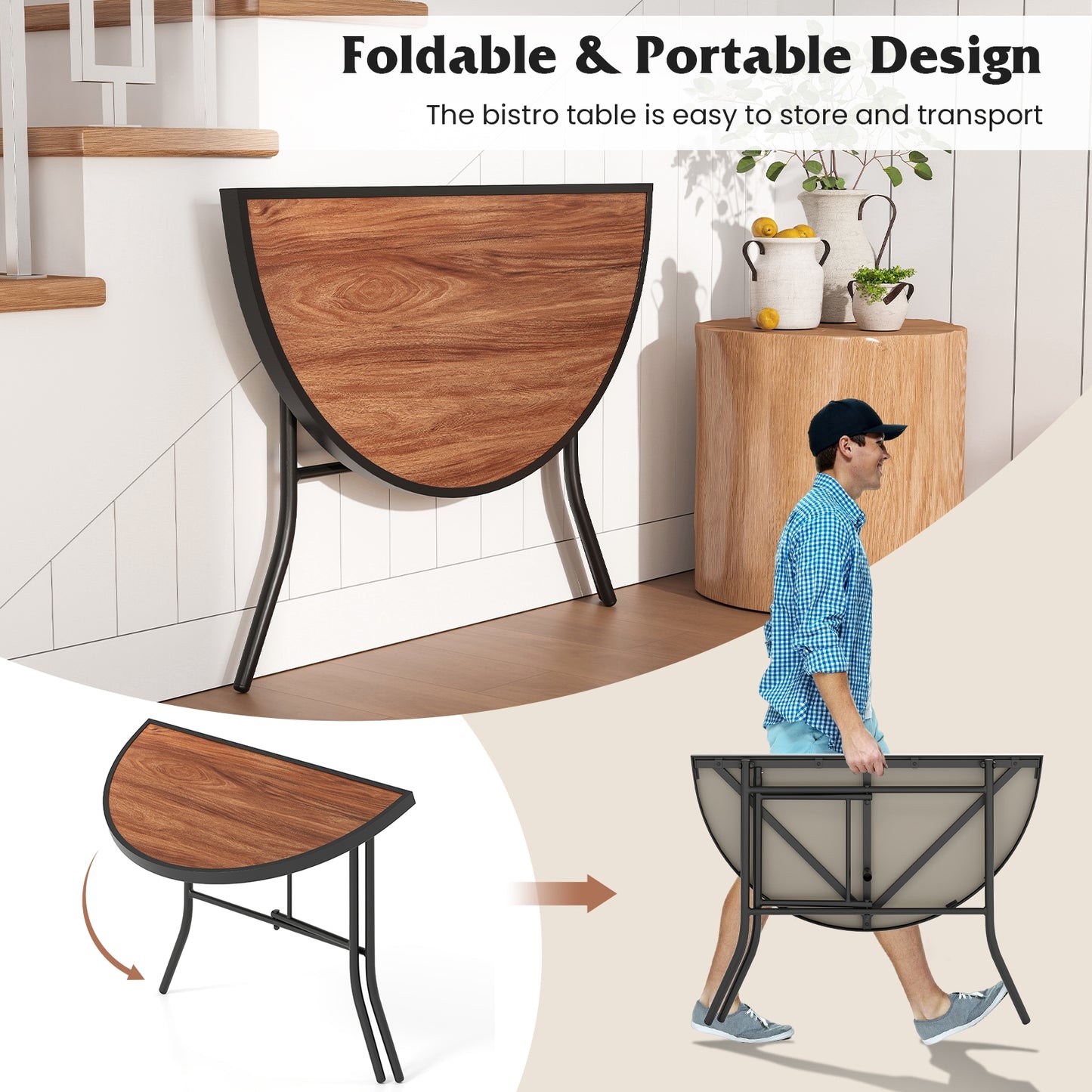 Half-Round Folding Event Table with Metal Frame, Brown Patio Dining Tables at Gallery Canada