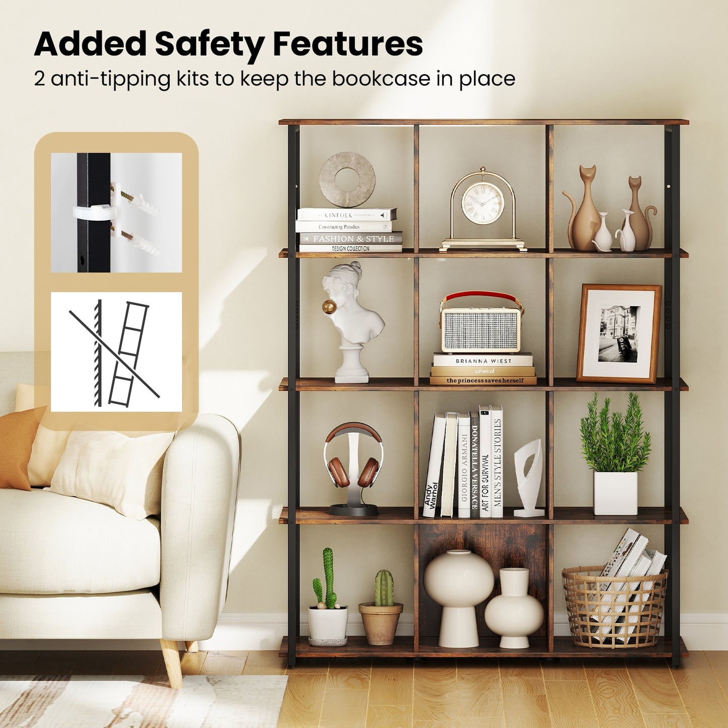 12-Cube Bookcase with 2 Anti-tipping Kits for Living Room, Rustic Brown Bookcases at Gallery Canada