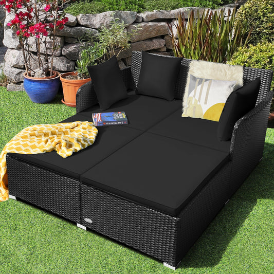 Spacious Outdoor Rattan Daybed with Upholstered Cushions and Pillows, Black Outdoor Sectionals Black at Gallery Canada