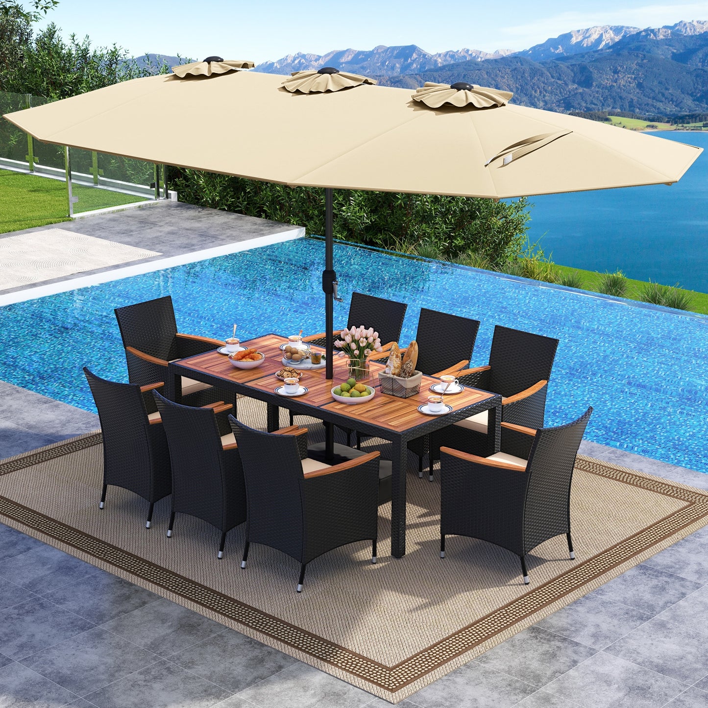 10 Piece Outdoor Dining Set with 15 Feet Double-Sided Twin Umbrella, Beige Patio Dining Sets at Gallery Canada