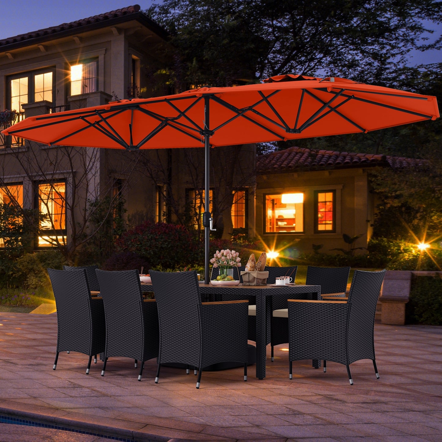 10 Piece Outdoor Dining Set with 15 Feet Double-Sided Twin Umbrella, Orange Patio Dining Sets at Gallery Canada