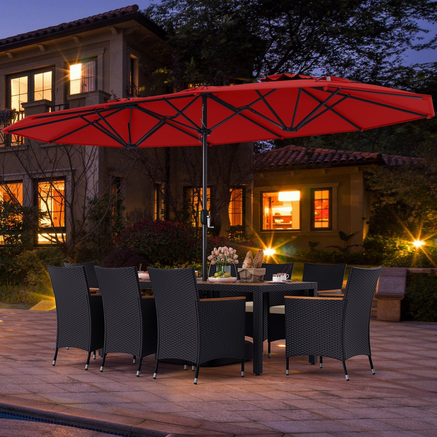 10 Piece Outdoor Dining Set with 15 Feet Double-Sided Twin Umbrella, Red Patio Dining Sets at Gallery Canada