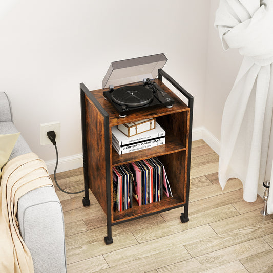 Mobile Record Player Stand With Power Outlet, Rustic Brown