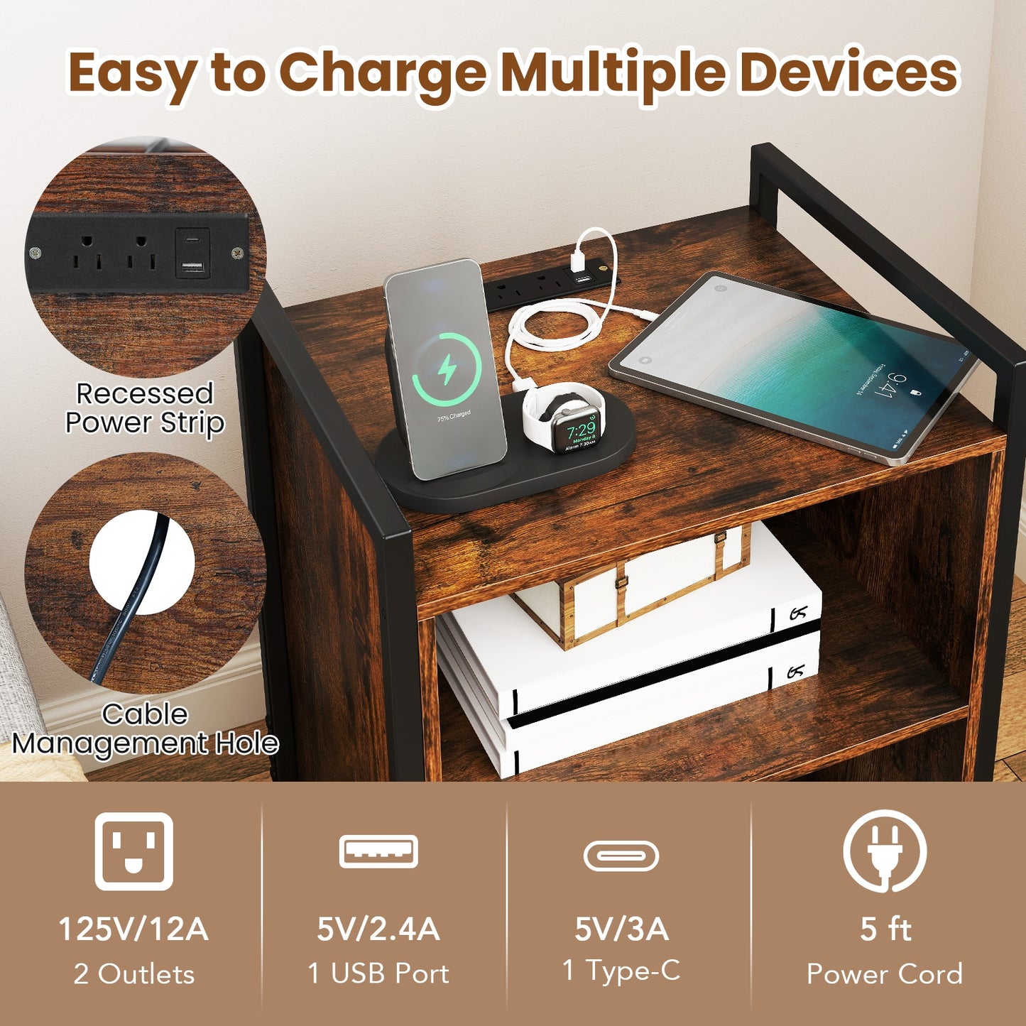 Mobile Record Player Stand With Power Outlet, Rustic Brown