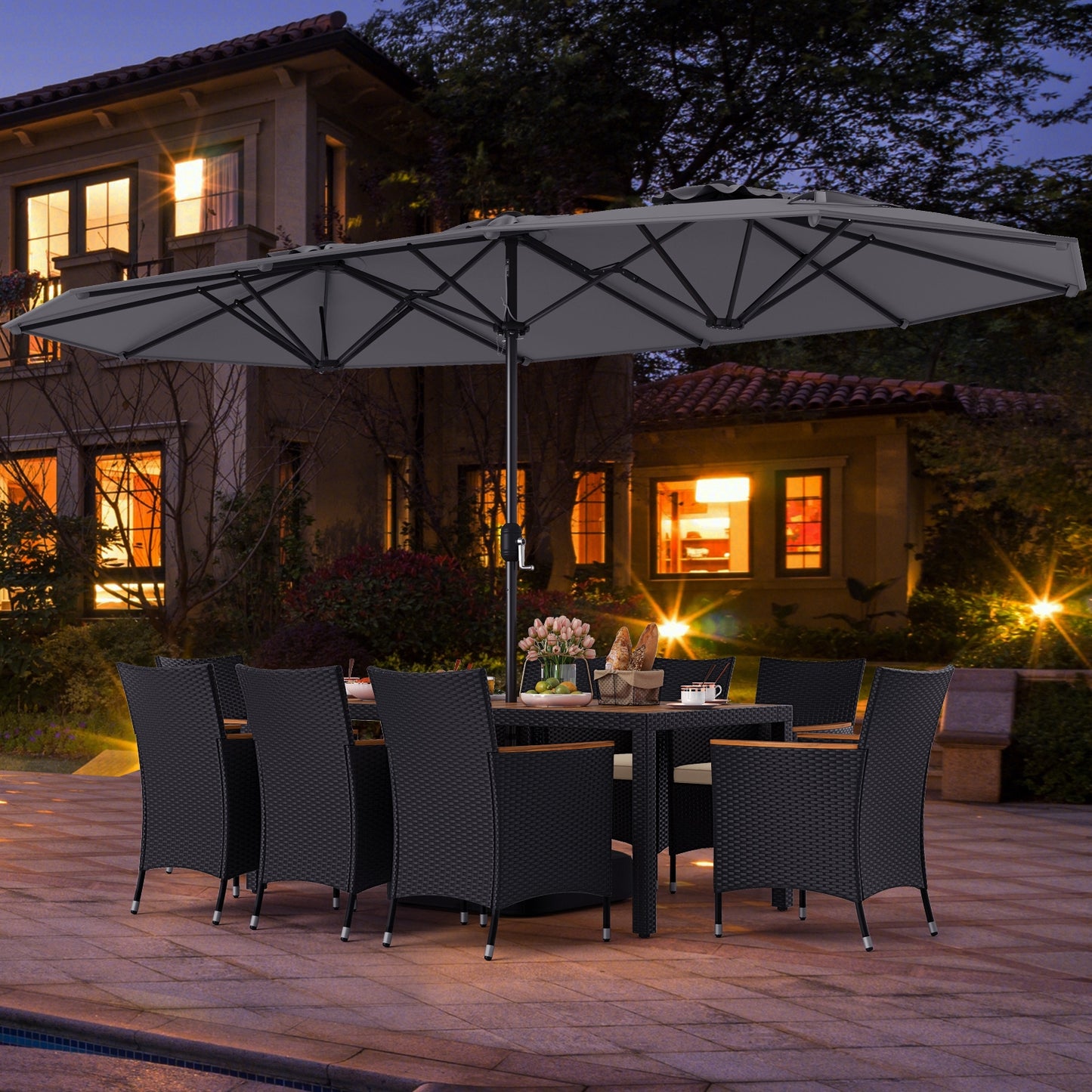 10 Piece Outdoor Dining Set, 15 Feet Double-Sided Umbrella, Gray Patio Dining Sets at Gallery Canada
