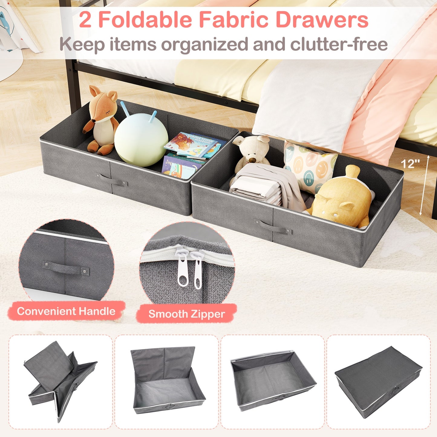 Full Size Metal House Bed With 2 Fabric Drawers, Black Toddler Beds at Gallery Canada