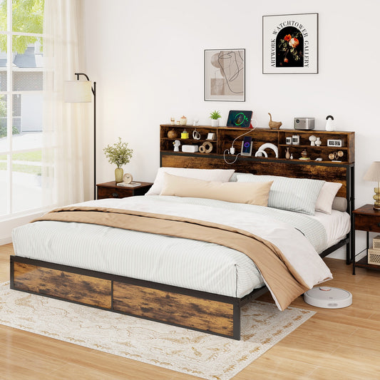 King Size Bed Frame With Storage Headboard, Industrial Metal Platform, Rustic Brown Simple Bed Frame Rustic Brown at Gallery Canada