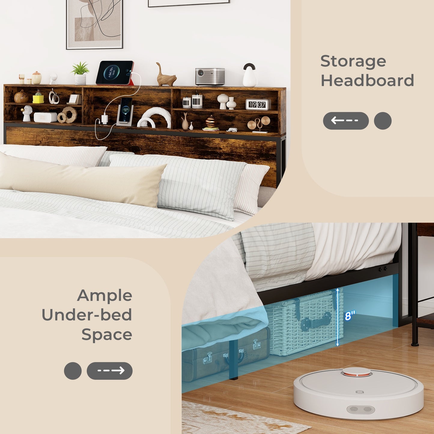 King Size Bed Frame With Storage Headboard, Industrial Metal Platform, Rustic Brown Simple Bed Frame at Gallery Canada