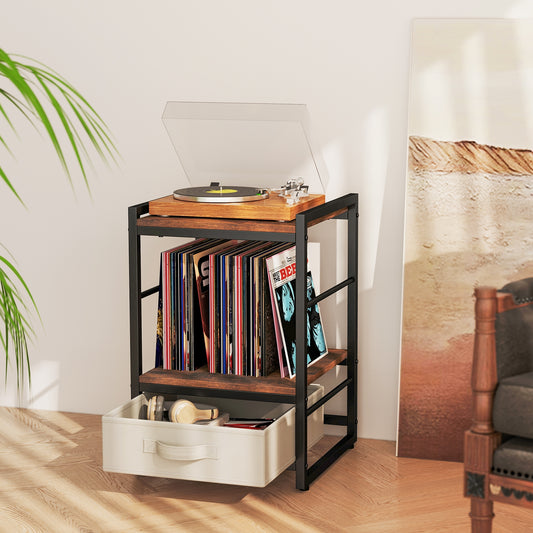Industrial Nightstand With Open Shelf, Fabric Drawer, Rustic Brown Nightstands Rustic Brown at Gallery Canada