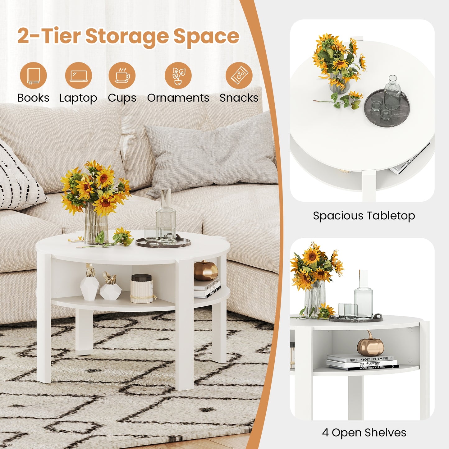 29.5 Inch Round Coffee Table with Storage Shelves for Small Space, White Coffee Tables at Gallery Canada