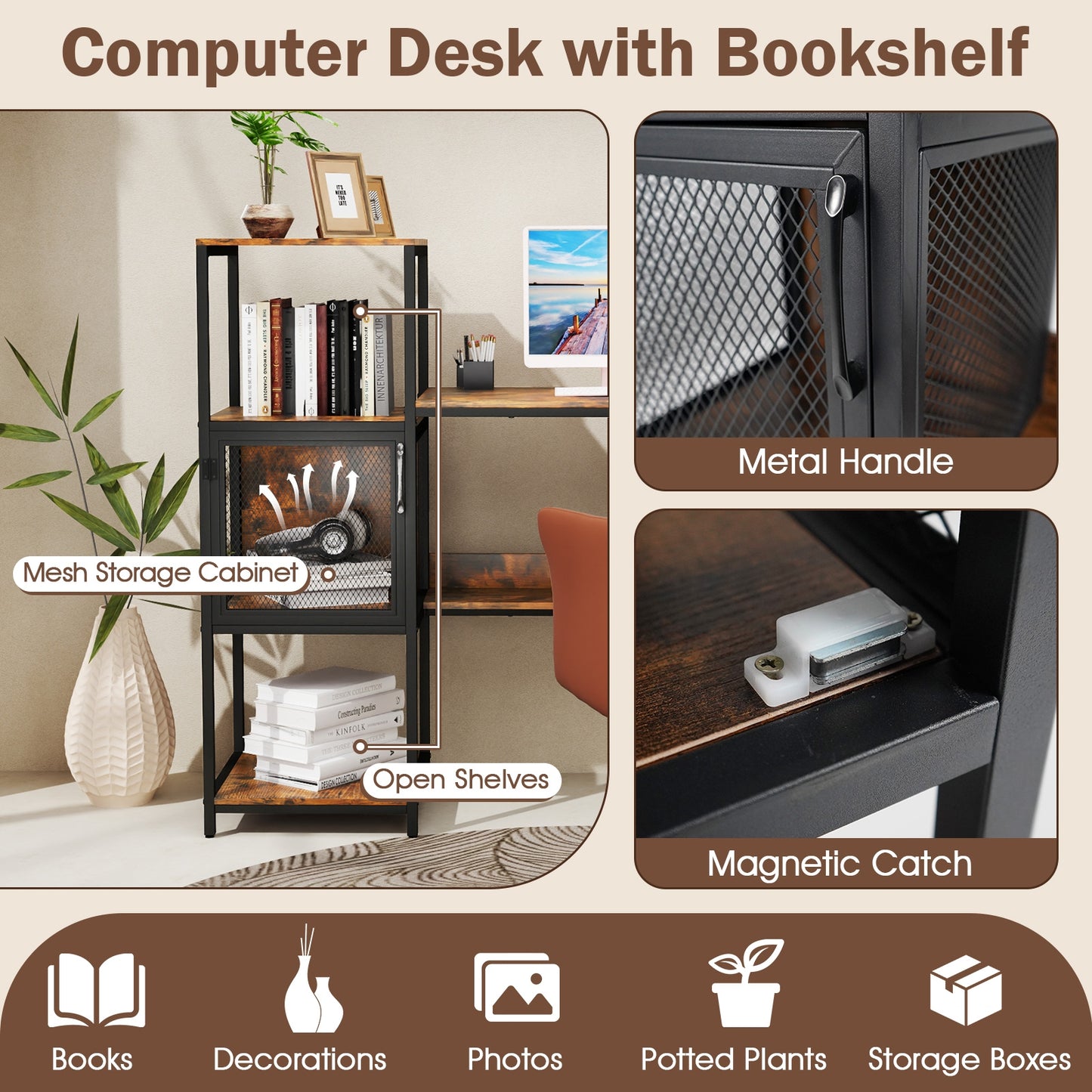 Computer Desk With Bookshelf, Storage Cabinet, Shelves, Rustic Brown