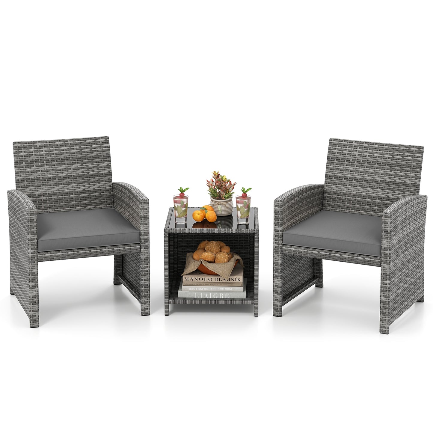 3 Pieces Patio Furniture Set with Tempered Glass Coffee Table and Soft Seat Cushions, Gray Patio Conversation Sets at Gallery Canada