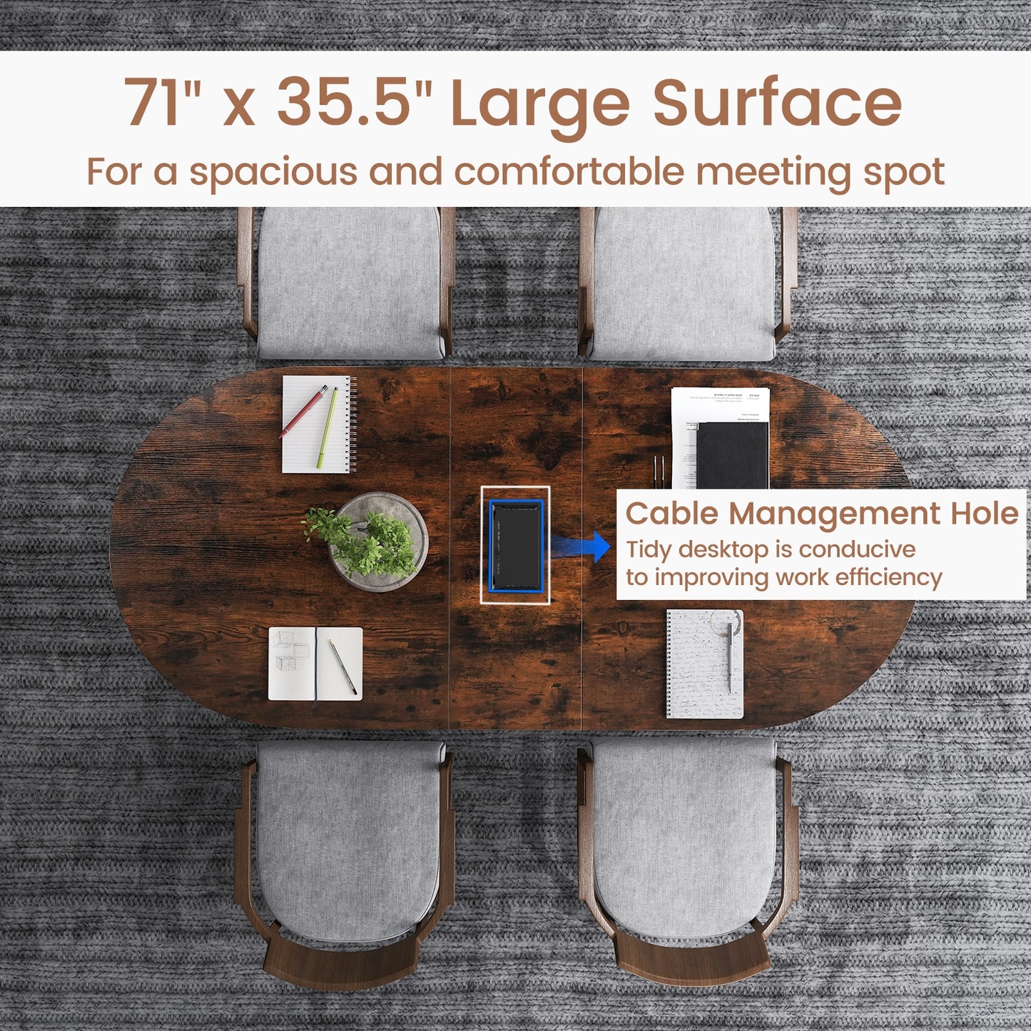 71 Inches Oval Executive Office Table, Cable Management Hole, Rustic Brown Standing Desks at Gallery Canada
