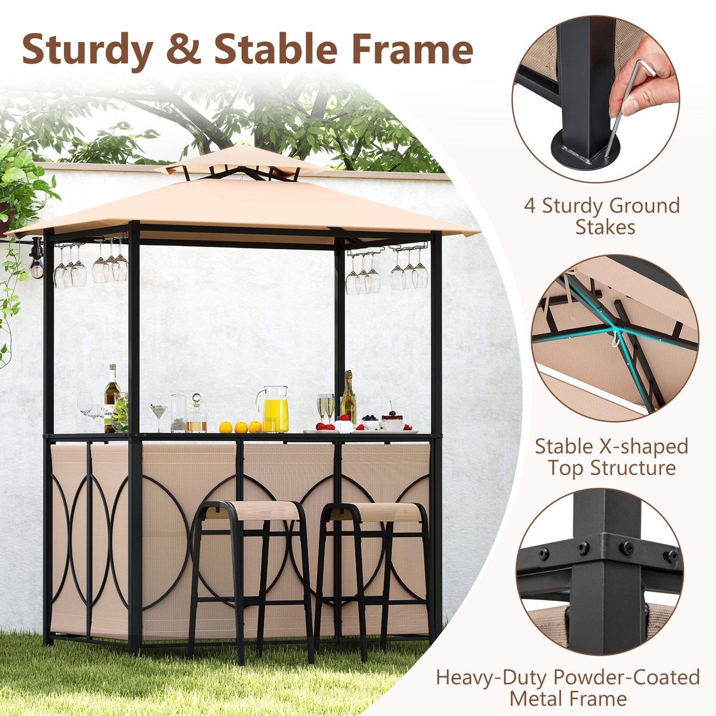 6.5 x 4 x 8 FT Grill Gazebo Set with 2 Bar Stools and Bar Table, Brown Patio Bar Furniture at Gallery Canada