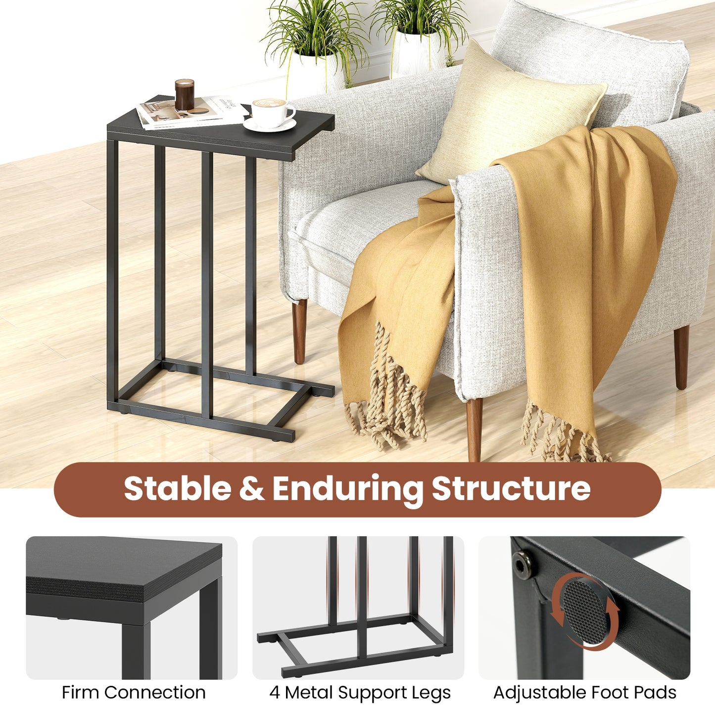 C-Shaped Side Table, Heavy-Duty Metal Frame, Black
