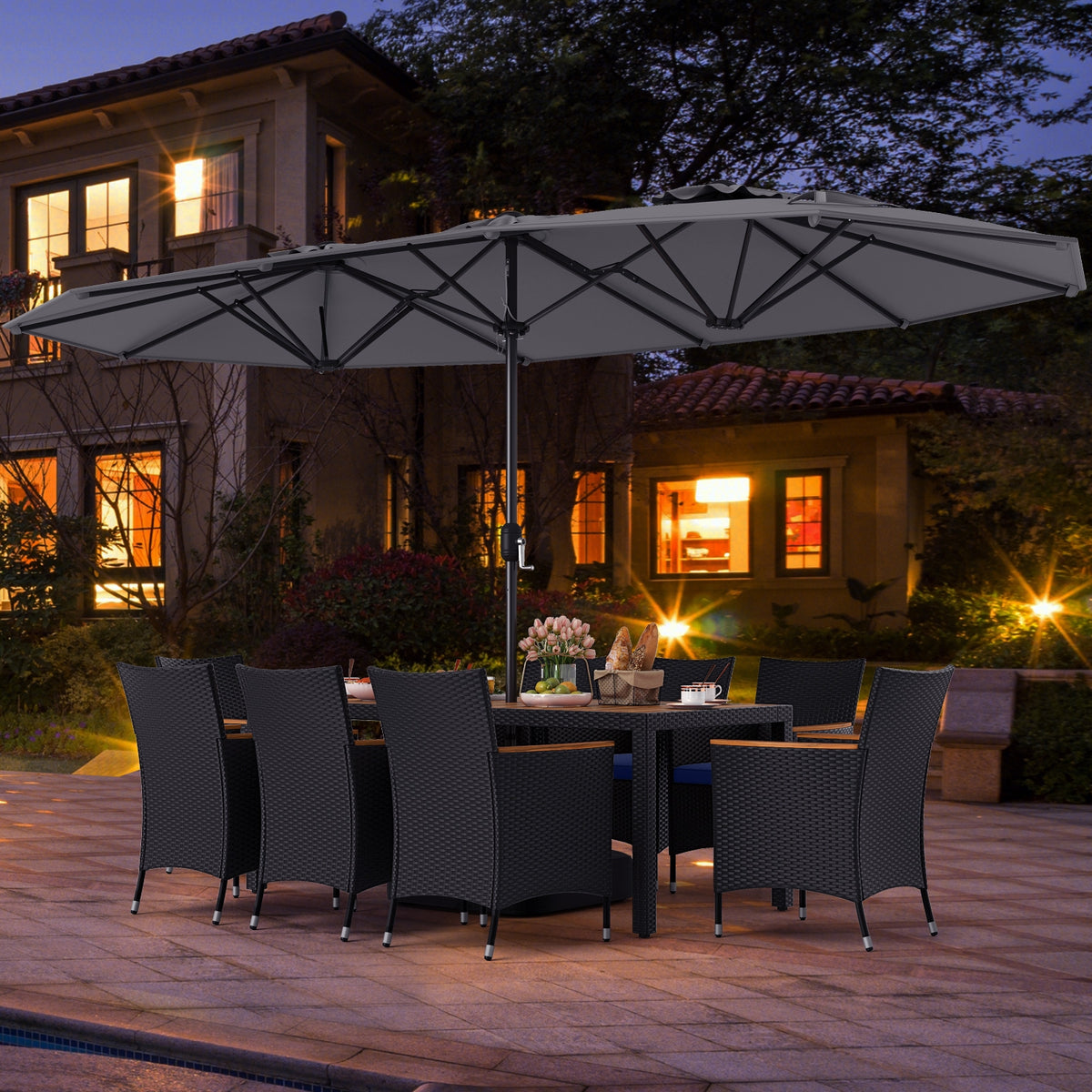 10 Piece Outdoor Patio Dining Set, 15 Feet Double-Sided Umbrella, Gray Patio Dining Sets at Gallery Canada