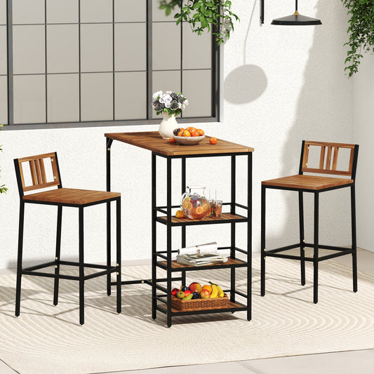 3 Piece Wood Bar Set, 3-Tier Storage Shelf, Metal Frame, Brown Patio Bar Furniture Brown at Gallery Canada