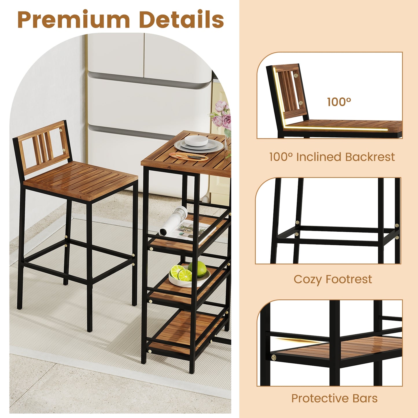 3 Piece Wood Bar Set, 3-Tier Storage Shelf, Metal Frame, Brown