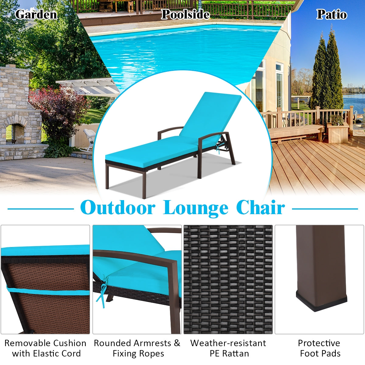 Patio Rattan Reclining Chaise Lounge Chair, Turquoise and White, Beige &, Turquoise Outdoor Chaise Lounges at Gallery Canada