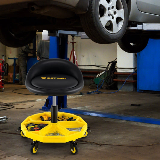 20-25 Inch Adjustable Rolling Garage Stool, Tool Tray Storage, Yellow Garages Yellow at Gallery Canada