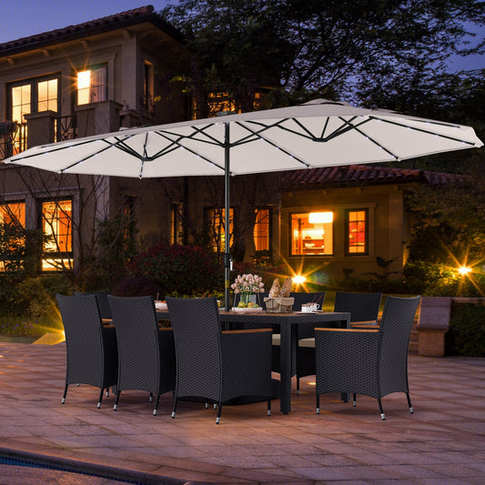 11 Pieces Patio Dining Set with LED Patio Umbrella with Base and Seat Cushions (Beige), Beige Patio Dining Sets Beige at Gallery Canada