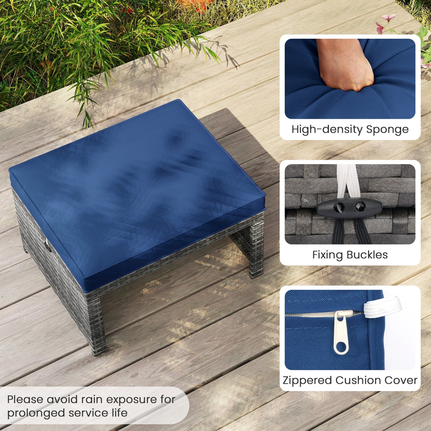 Patio PE Rattan Ottomans, 2 Pieces, Soft Zippered Cushions, Navy Outdoor Seating & Patio Chairs at Gallery Canada