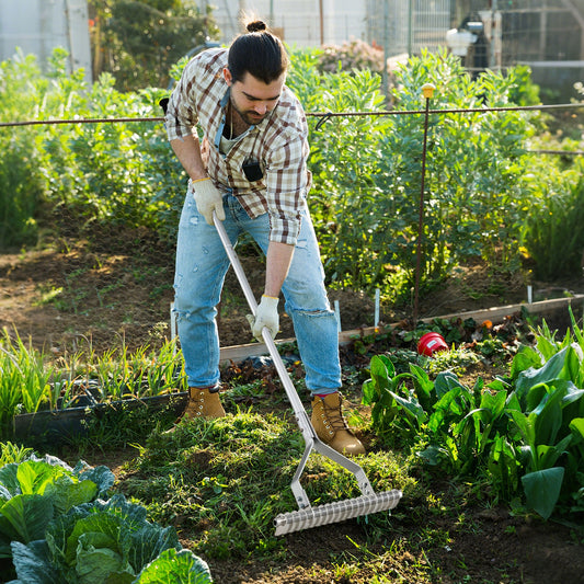 20 Inches Wide Aluminum Lawn Rake, 19 Curved Tines, Long Handle