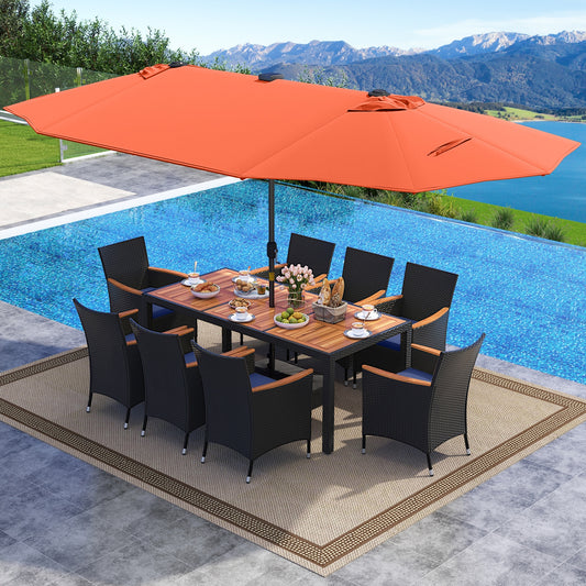 11-Piece Patio Dining Set, LED Umbrella With Base, Cushions, Orange, Navy Patio Dining Sets Orange at Gallery Canada