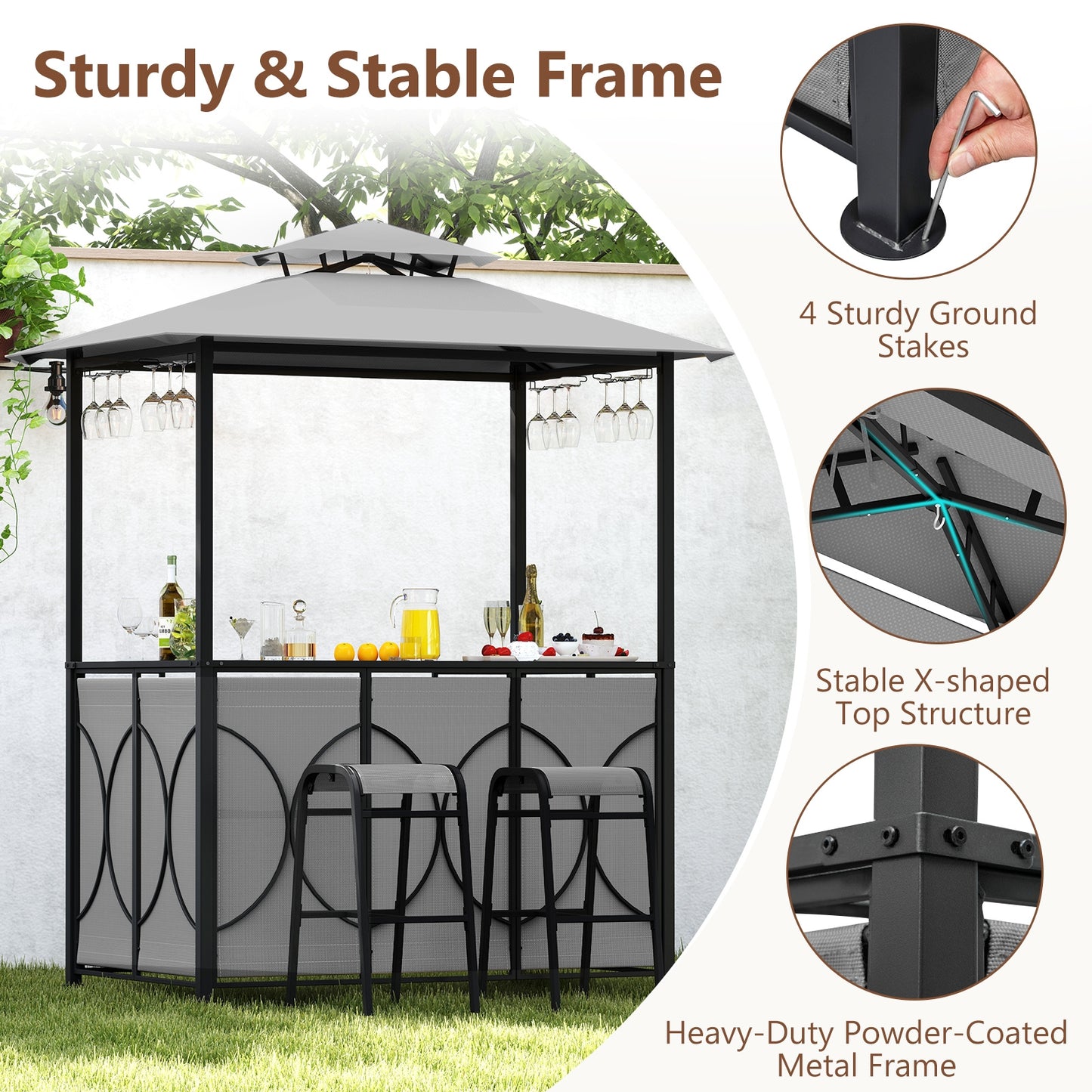 6.5 x 4 x 8 FT Grill Gazebo Set with 2 Bar Stools and Bar Table, Gray Patio Bar Furniture at Gallery Canada