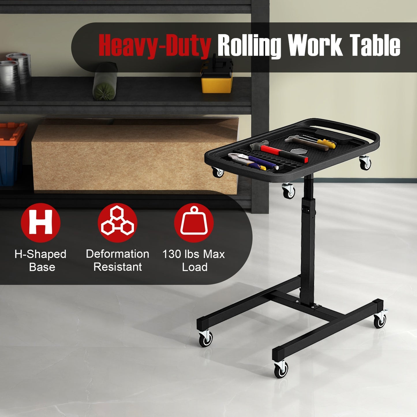 2-in-1 Rolling Tool Tray Height Adjustable Work Table with Detachable Part Tray, Black Outdoor Benches at Gallery Canada