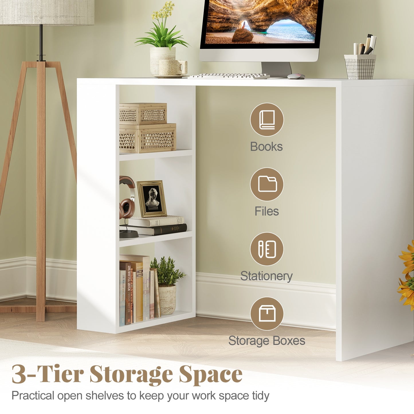 36 Inch White Computer Desk with 3 Open Shelves for Home Office Study, White Writing Desks at Gallery Canada