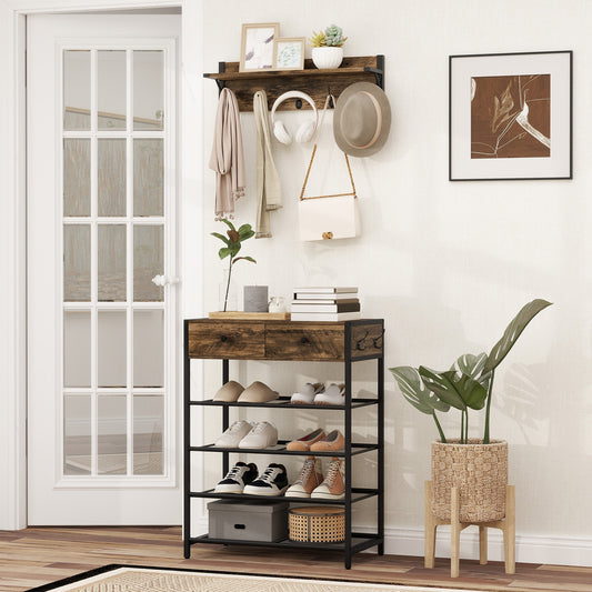 5-Tier Shoe Rack With Wall-Mounted Coat Hanger, Brown Shoe Racks & Storage Benches Brown at Gallery Canada
