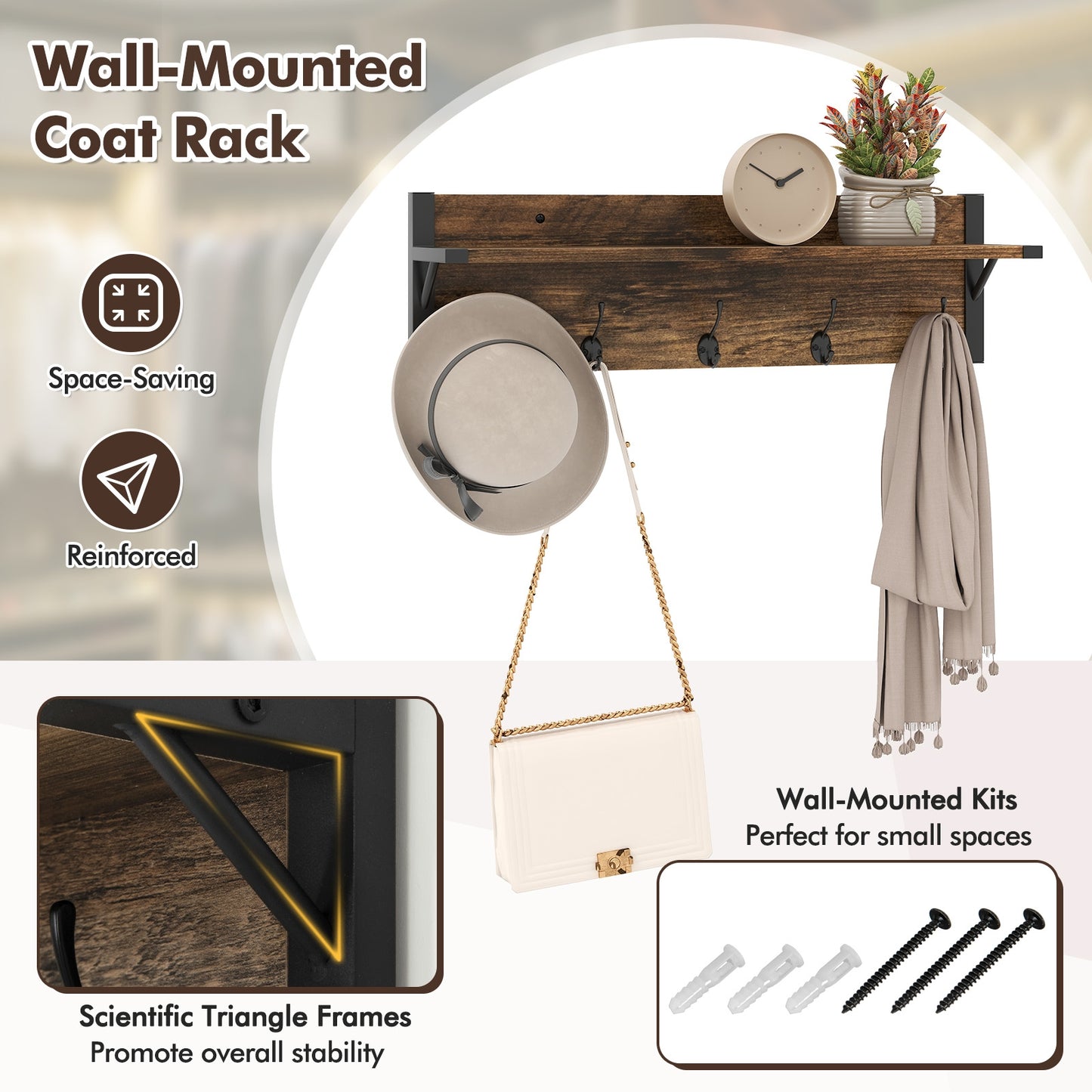 5-Tier Shoe Rack With Wall-Mounted Coat Hanger, Brown