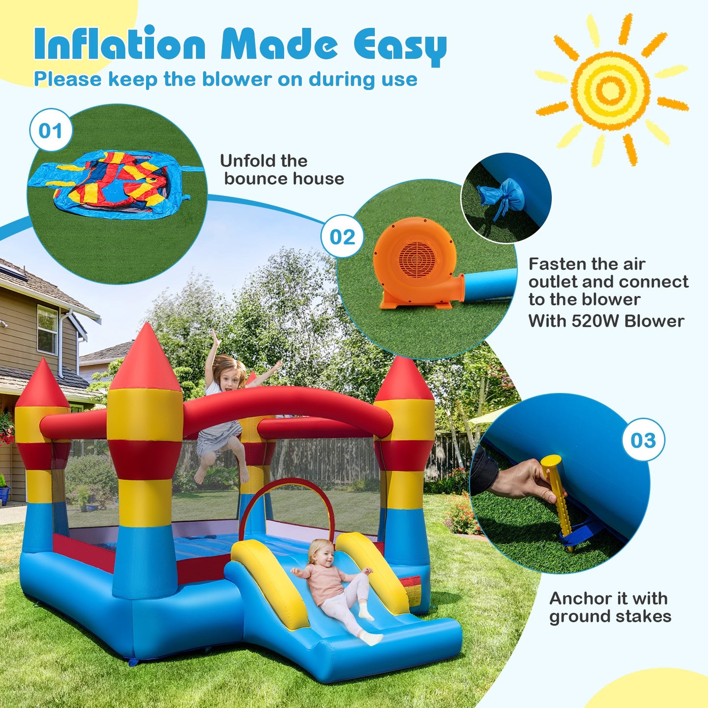 3-In-1 Kids Bouncer With Slide, 520W Blower, Blue Bounce House at Gallery Canada