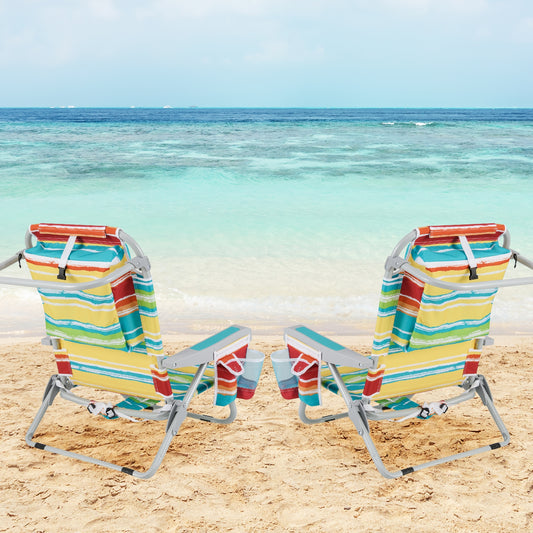Foldable Backpack Beach Chair, With Cup Holder And Storage Pockets, Multicolor