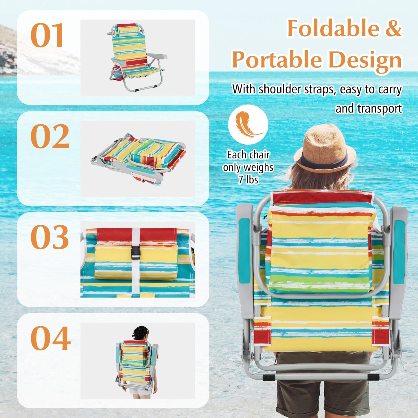 Foldable Backpack Beach Chair, With Cup Holder And Storage Pockets, Multicolor