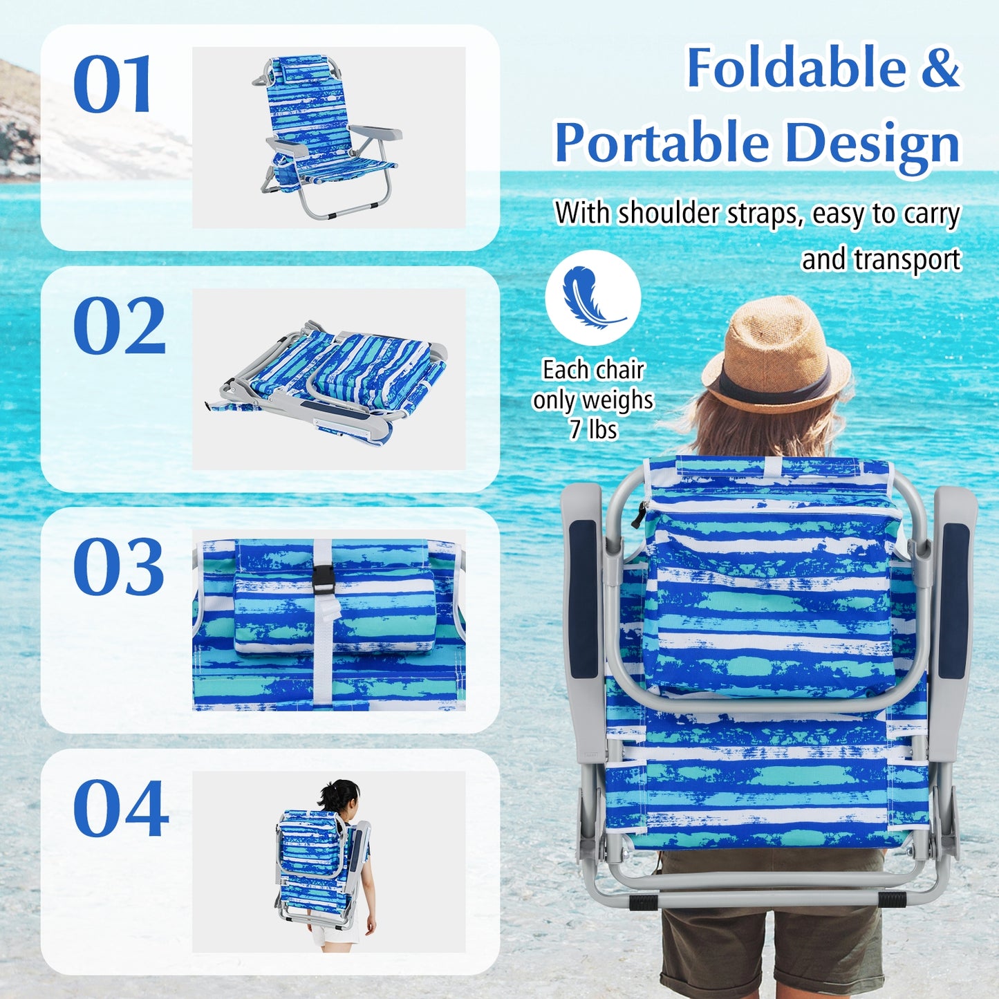 Foldable Backpack Beach Chair, With Cup Holder And Storage Pockets, Navy