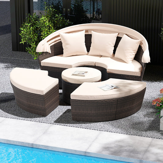 Patio Round Daybed With Retractable Canopy, White