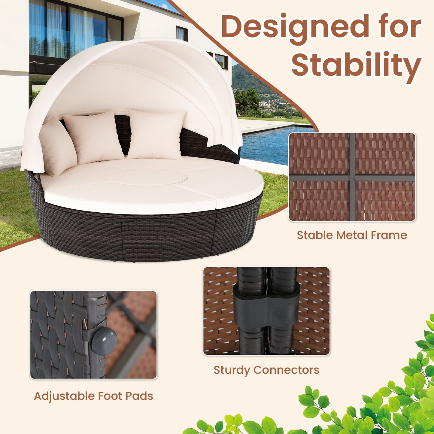 Patio Round Daybed With Retractable Canopy, White Outdoor Sectionals at Gallery Canada