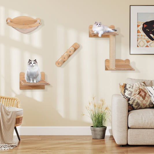 Cat Wall Furniture Set, 4 Pieces With Hammock, 2-Step Tree, Perch, Natural Cat Trees Condos & Scratchers Natural at Gallery Canada
