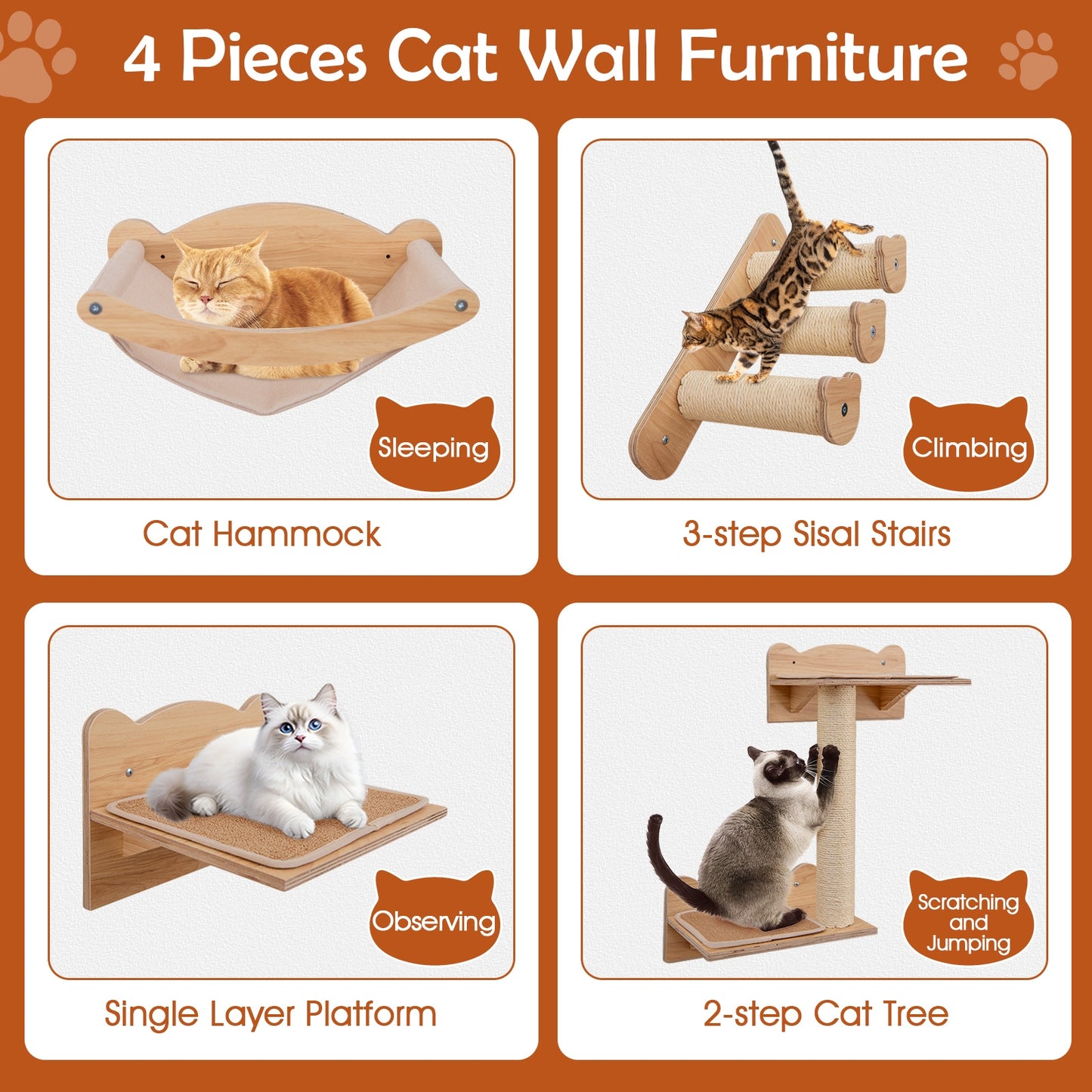 Cat Wall Furniture Set, 4 Pieces With Hammock, 2-Step Tree, Perch, Natural